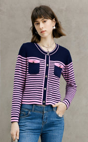 DUA-CROP CARDIGAN IN CONTRAST STRIPES -NAVY-F