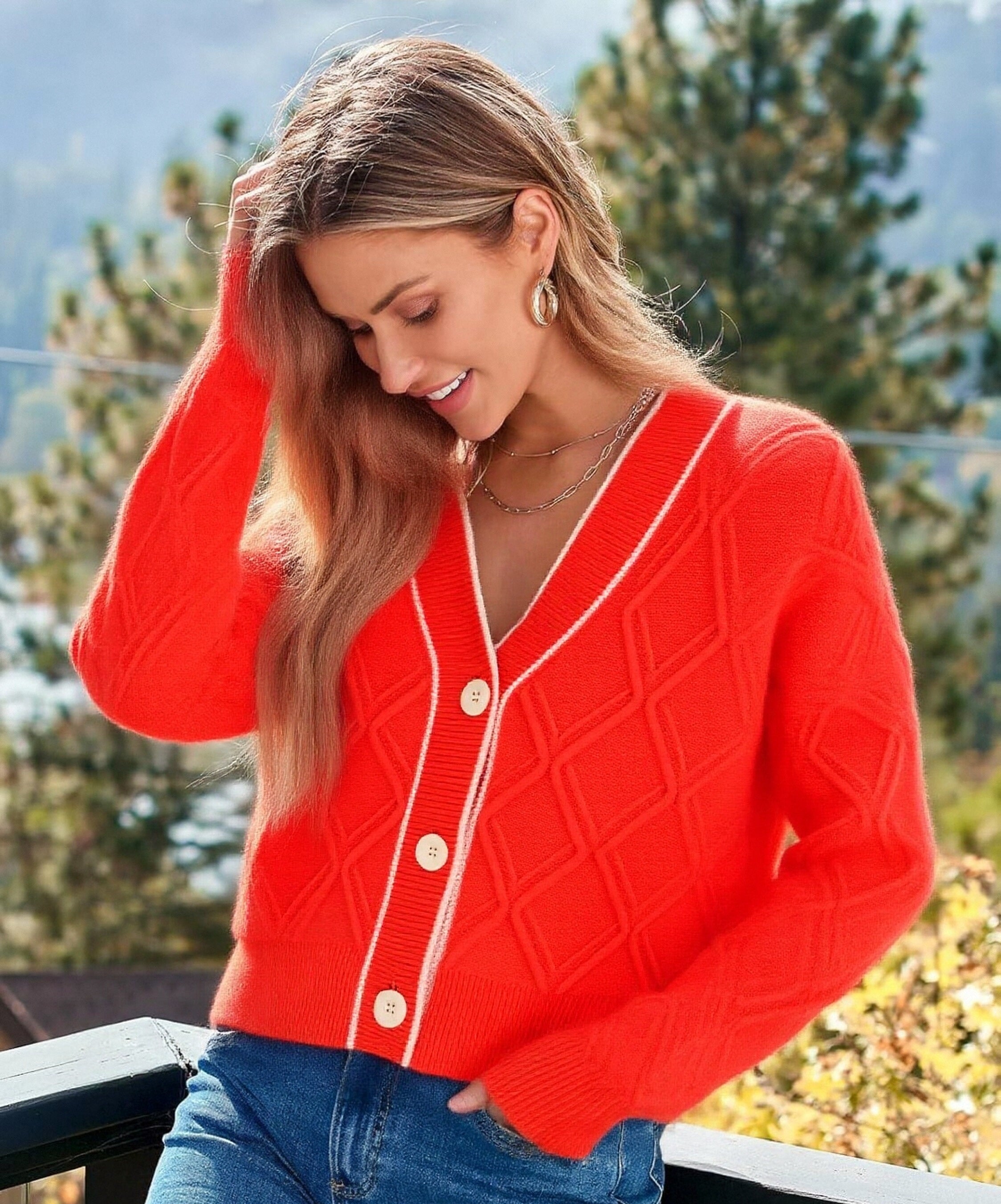 DANNA-Chucky Cable Cardigan with Contrast-Brick-F