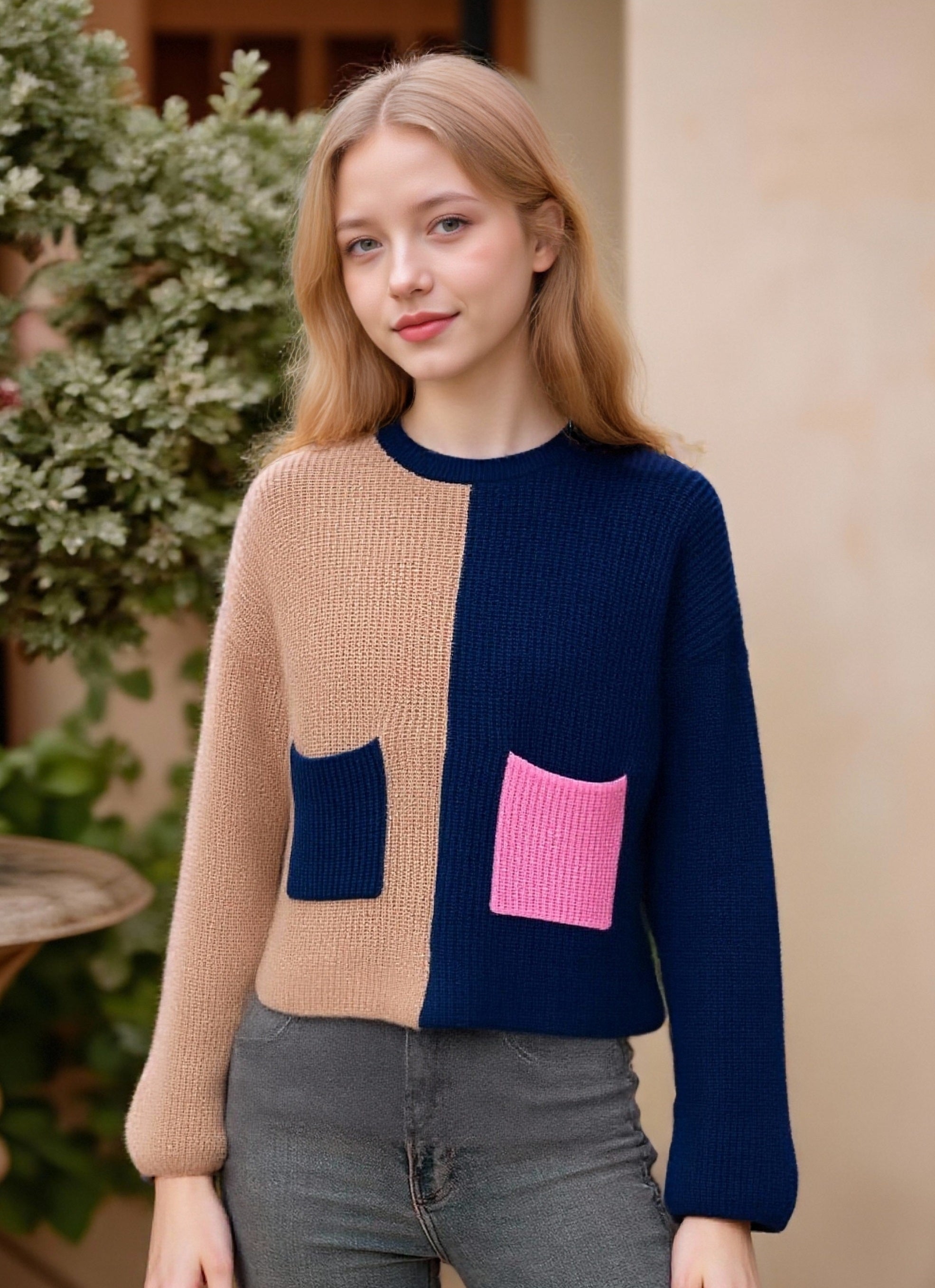 DOLLY -  Contrast Pullover with Pockets - Navy