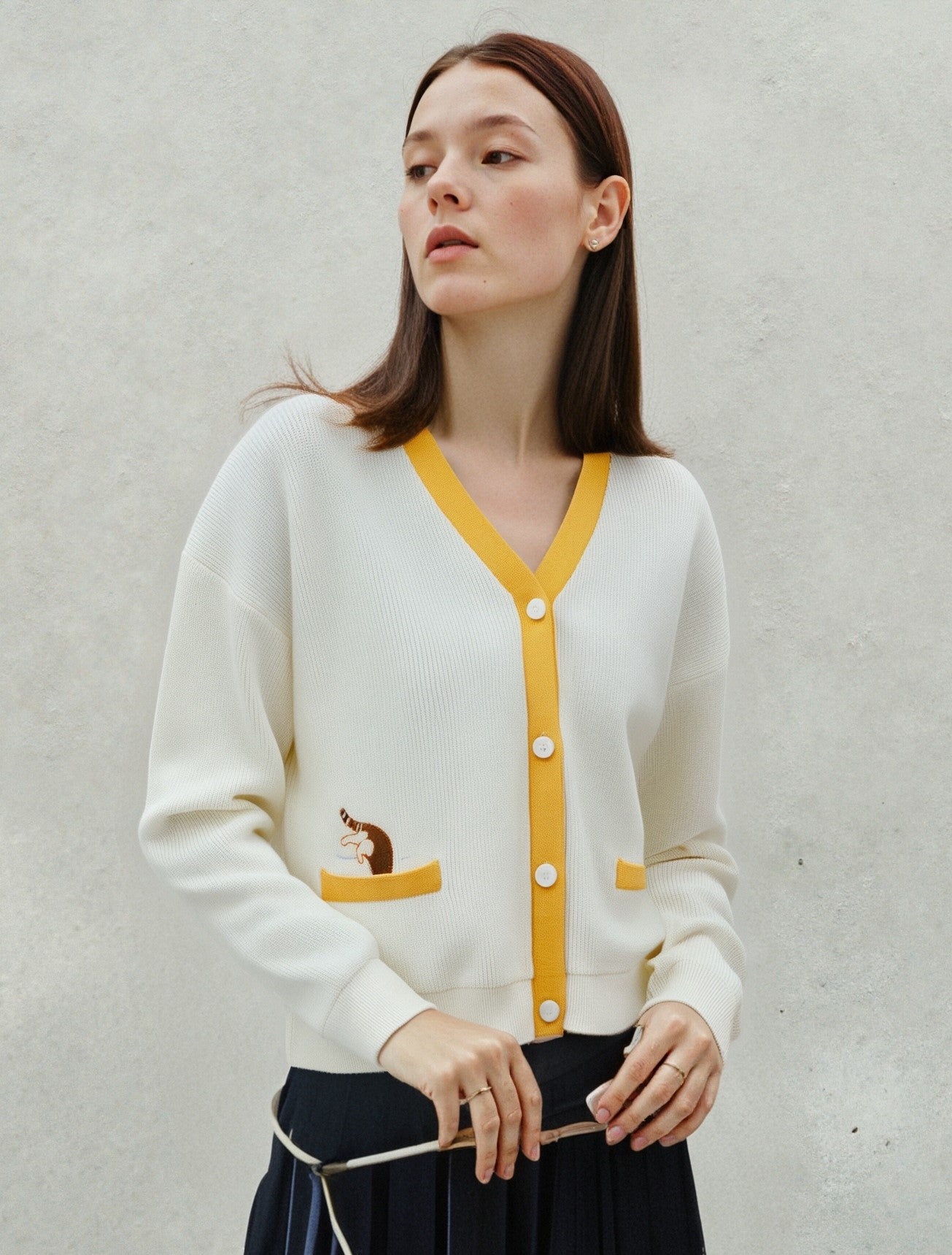 CHANE- Structured Cardigan With Kitten Emb-White