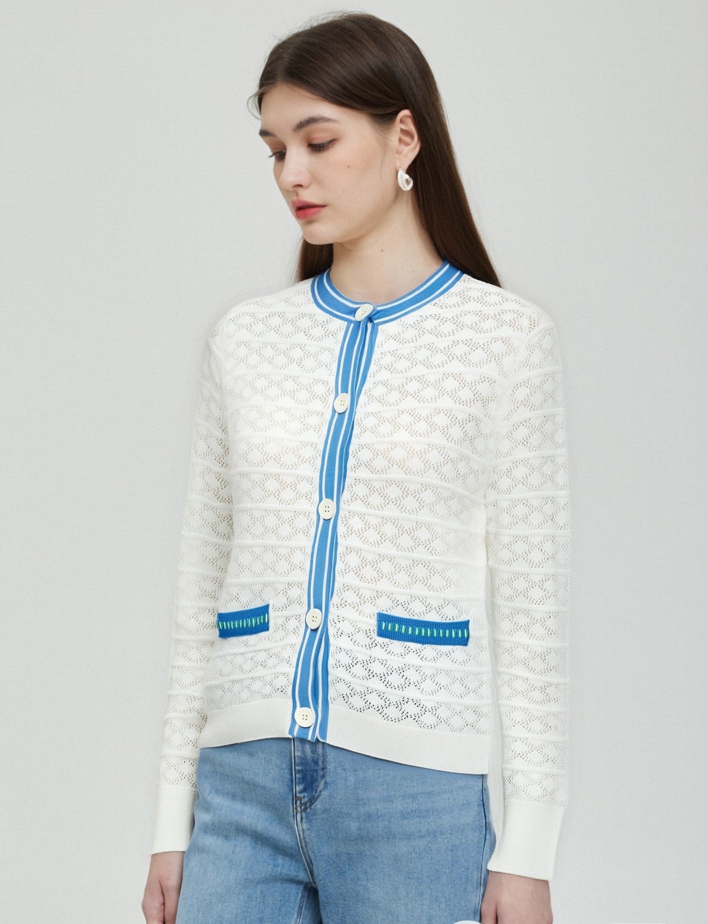 CELIA-Pointelle Cardigan with Contrast Tipping