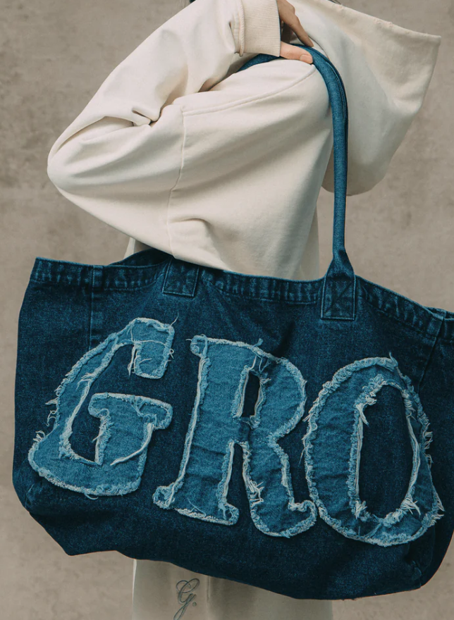 GROCERY DENIM PATCHWORK LOGO TOTE BAG/INDIGO/F