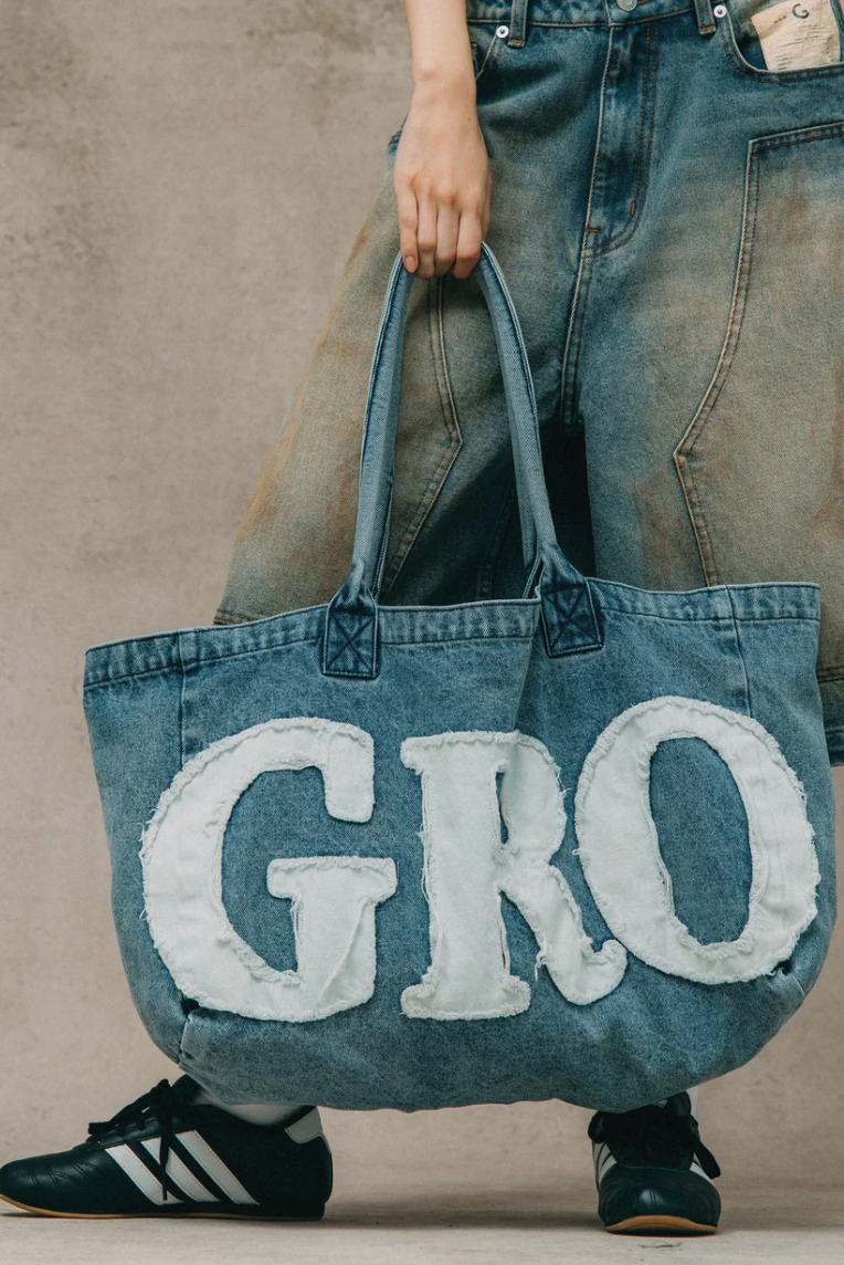 GROCERY DENIM PATCHWORK LOGO TOTE BAG/BLUE/F