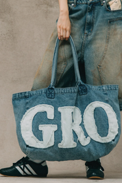 GROCERY DENIM PATCHWORK LOGO TOTE BAG/BLUE/F