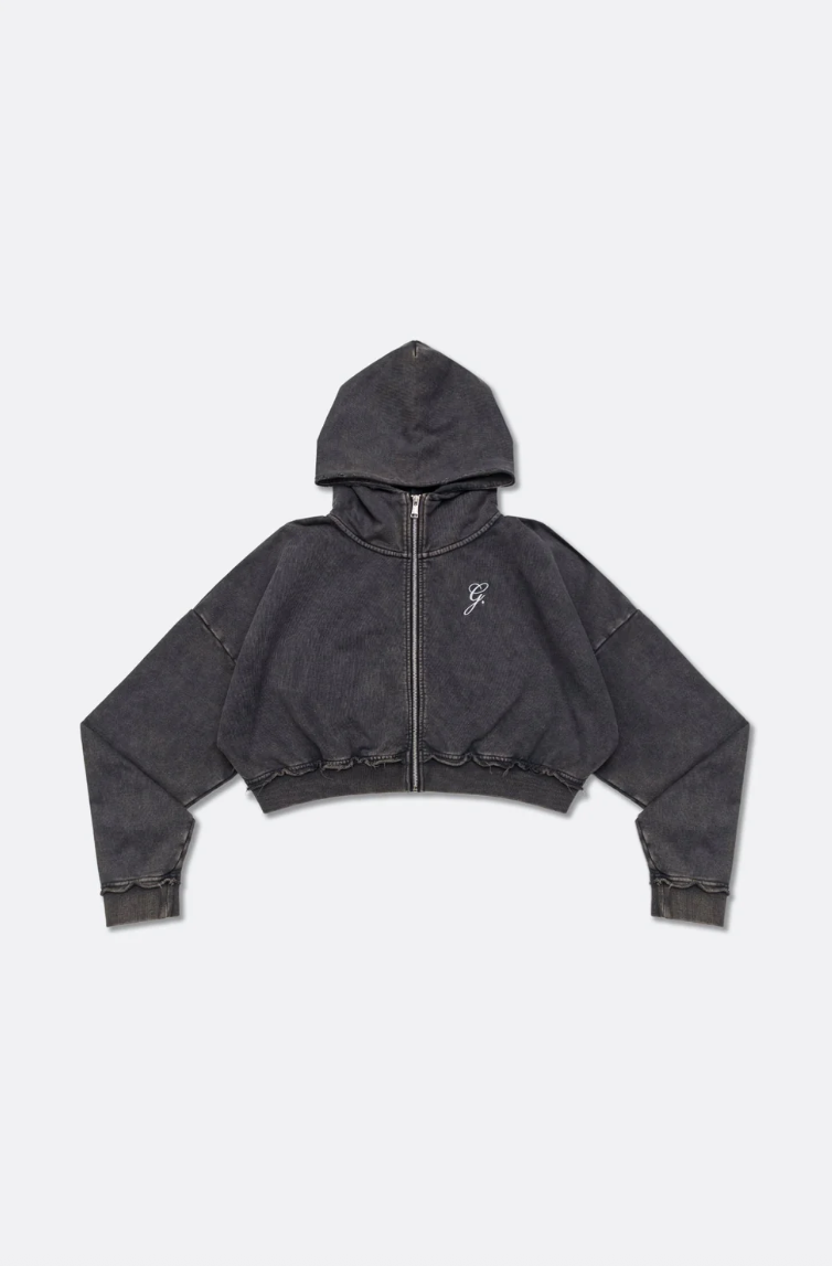 GROCERY SNOW WASHED CROPPED ZIP UP HOODIE/BLACK/M