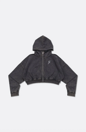 GROCERY SNOW WASHED CROPPED ZIP UP HOODIE/BLACK/M