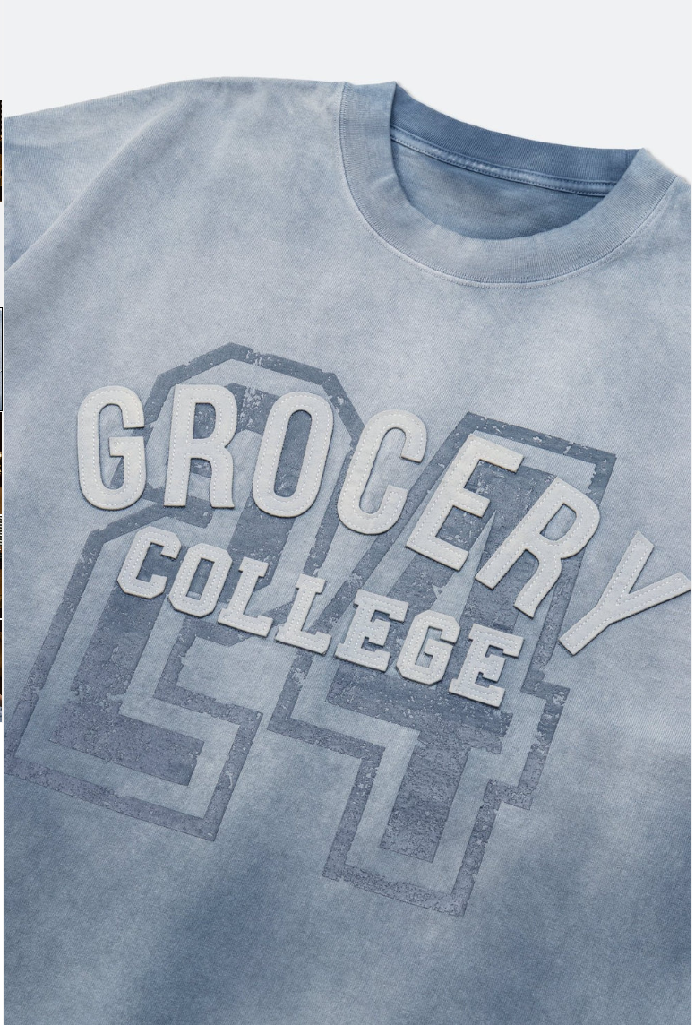 GROCERY WASHED COLLEGE PATCHWORK GRAPHIC TEE/ SUN FADED BLUE
