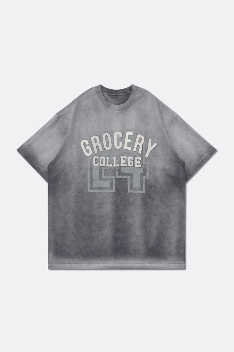 GROCERY WASHED COLLEGE PATCHWORK GRAPHIC TEE/ SUN FADED GREY